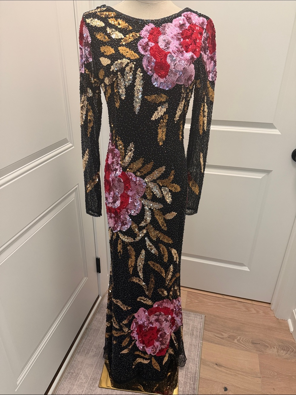 Mac Duggal Black Sequin Gown with Pink and Red Floral Appliqué and Gold Accents
